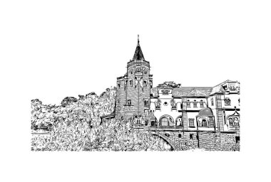 Print Building view with Landmark of Lisbon, Portekiz 'in başkentidir. Vektörde elle çizilmiş çizim çizimi.