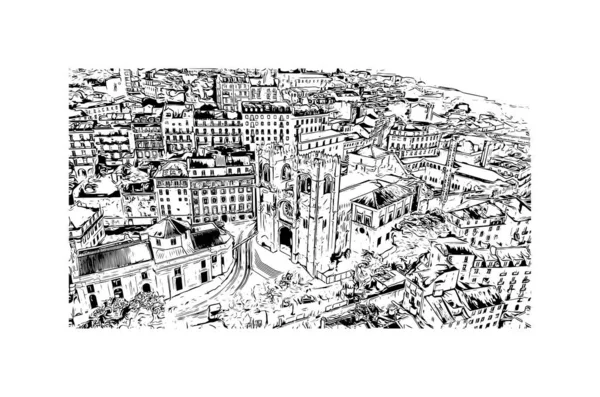 Print Вид Город Лисбон Столица Португалии Ручной Рисунок Векторе — стоковый вектор
