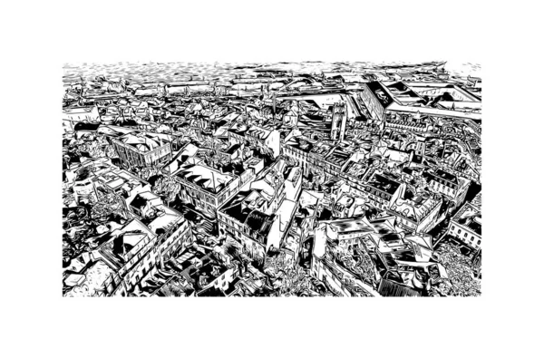 Print Building view with Landmark of Lisbon, Portekiz 'in başkentidir. Vektörde elle çizilmiş çizim çizimi.