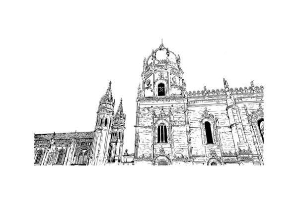 Imprimir Vista Del Edificio Con Monumento Lisboa Capital Portugal Dibujo — Vector de stock