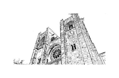 Print Building view with Landmark of Lisbon, Portekiz 'in başkentidir. Vektörde elle çizilmiş çizim çizimi.