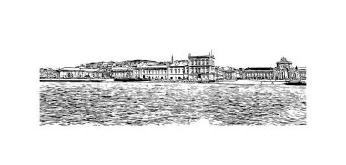 Print Building view with Landmark of Lisbon, Portekiz 'in başkentidir. Vektörde elle çizilmiş çizim çizimi.