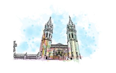 Print Building view with Landmark of Lisbon, Portekiz 'in başkentidir. Vektörde elle çizilmiş resim ile suluboya sıçraması.