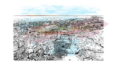 Print Building view with Landmark of Lisbon, Portekiz 'in başkentidir. Vektörde elle çizilmiş resim ile suluboya sıçraması.