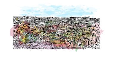 Print Building view with Landmark of Lisbon, Portekiz 'in başkentidir. Vektörde elle çizilmiş resim ile suluboya sıçraması.