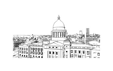 Little Rock 'ın simgesi olan Print Building View Arkansas şehridir. Vektörde elle çizilmiş çizim çizimi.