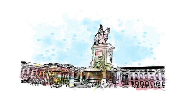 Imprimir Vista Del Edificio Con Monumento Lisboa Capital Portugal Salpicadura — Vector de stock