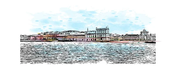 Print Vue Sur Bâtiment Avec Point Repère Lisbonne Est Capitale — Image vectorielle
