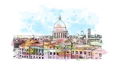 Little Rock 'ın simgesi olan Print Building View Arkansas şehridir. Vektörde elle çizilmiş resim ile suluboya sıçraması.