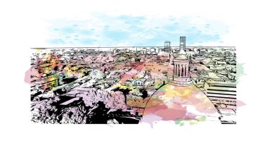 Little Rock 'ın simgesi olan Print Building View Arkansas şehridir. Vektörde elle çizilmiş resim ile suluboya sıçraması.