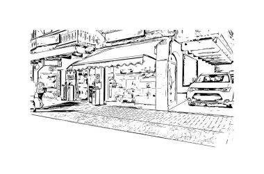 Livigno 'nun simgesi olan Print Building view İtalya' da yer almaktadır. Vektörde elle çizilmiş çizim çizimi.
