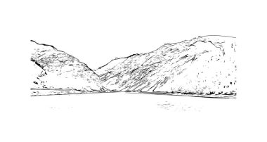 Livigno 'nun simgesi olan Print Building view İtalya' da yer almaktadır. Vektörde elle çizilmiş çizim çizimi.