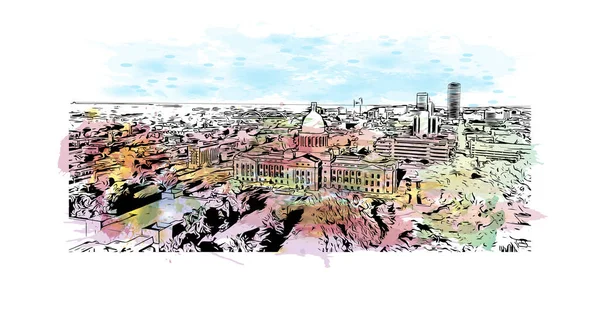 Little Rock 'ın simgesi olan Print Building View Arkansas şehridir. Vektörde elle çizilmiş resim ile suluboya sıçraması.