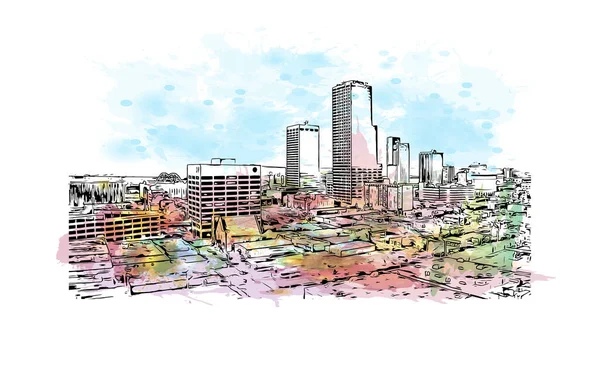 Imprimir Vista Del Edificio Con Hito Little Rock Ciudad Arkansas — Vector de stock