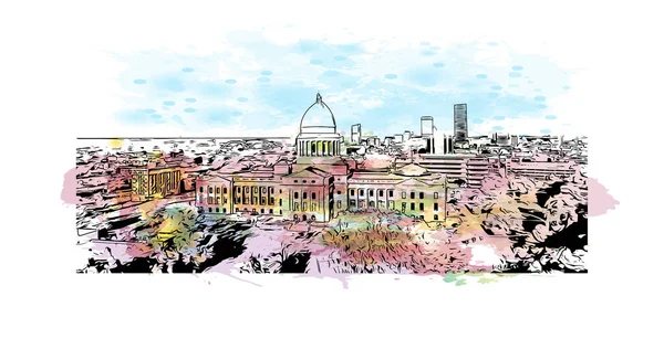 Little Rock 'ın simgesi olan Print Building View Arkansas şehridir. Vektörde elle çizilmiş resim ile suluboya sıçraması.