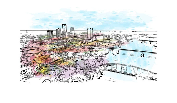 Little Rock 'ın simgesi olan Print Building View Arkansas şehridir. Vektörde elle çizilmiş resim ile suluboya sıçraması.