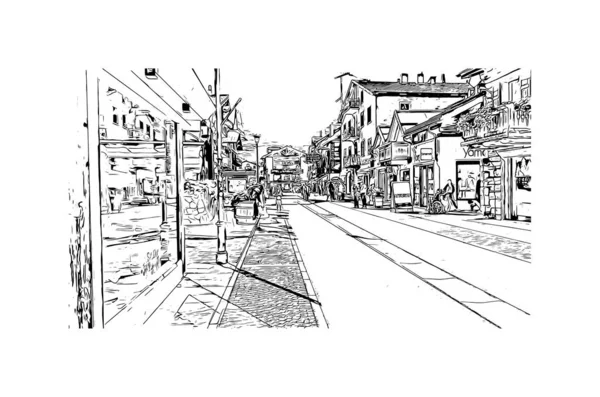 Livigno 'nun simgesi olan Print Building view İtalya' da yer almaktadır. Vektörde elle çizilmiş çizim çizimi.