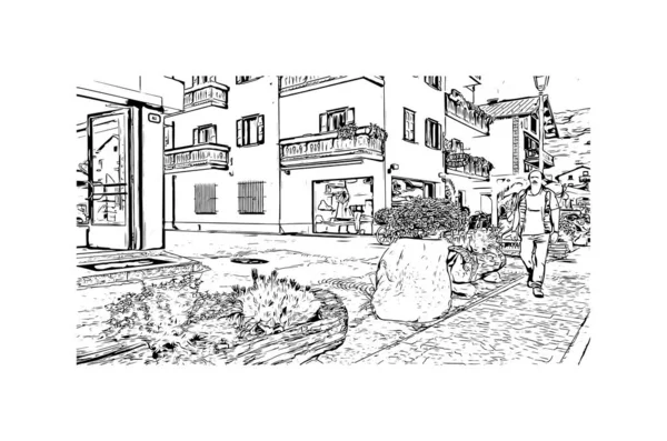 Imprimer Vue Bâtiment Avec Monument Livigno Est Ville Italie Illustration — Image vectorielle