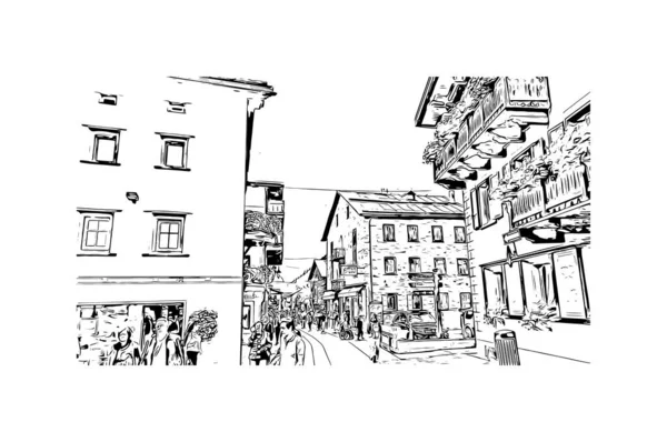 Imprimir Vista Del Edificio Con Hito Livigno Ciudad Italia Dibujo — Archivo Imágenes Vectoriales