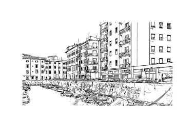 Print Building view with landmark of Livorno is the city in Italy. Vektörde elle çizilmiş çizim çizimi.