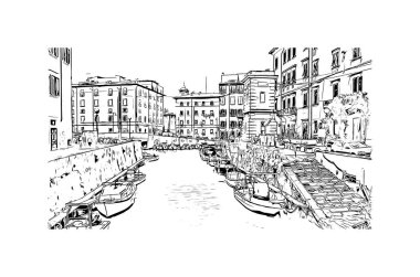 Print Building view with landmark of Livorno is the city in Italy. Vektörde elle çizilmiş çizim çizimi.