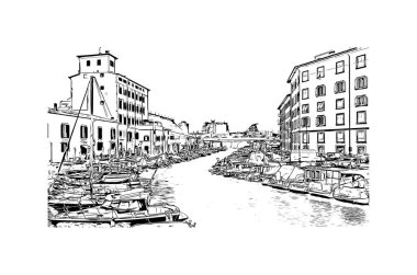 Print Building view with landmark of Livorno is the city in Italy. Vektörde elle çizilmiş çizim çizimi.