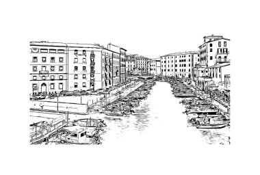 Print Building view with landmark of Livorno is the city in Italy. Vektörde elle çizilmiş çizim çizimi.