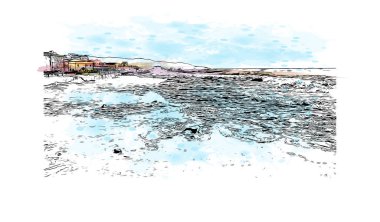 Print Building view with landmark of Livorno is the city in Italy. Vektörde elle çizilmiş resim ile suluboya sıçraması.