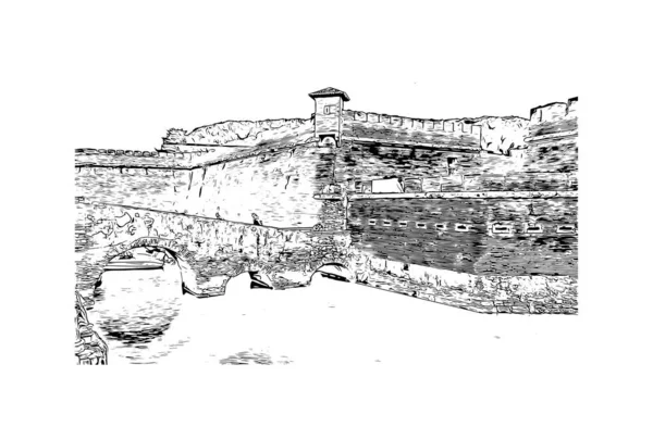 Imprimir Vista Edifício Com Marco Livorno Cidade Itália Desenho Desenhado — Vetor de Stock