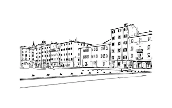 Imprimir Vista Del Edificio Con Hito Livorno Ciudad Italia Dibujo — Archivo Imágenes Vectoriales