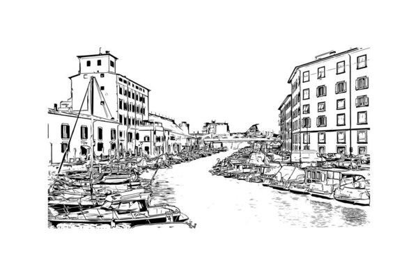 Print Вид на Ливорно - город в Италии. Ручной рисунок в векторе.