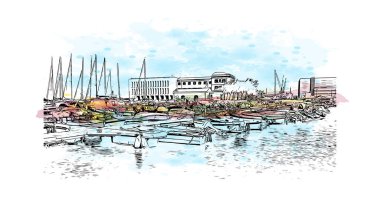 Print Building view with landmark of Livorno is the city in Italy. Vektörde elle çizilmiş resim ile suluboya sıçraması.