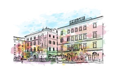 Print Building view with landmark of Livorno is the city in Italy. Vektörde elle çizilmiş resim ile suluboya sıçraması.