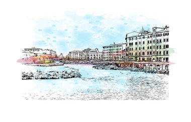 Print Building view with landmark of Livorno is the city in Italy. Vektörde elle çizilmiş resim ile suluboya sıçraması.
