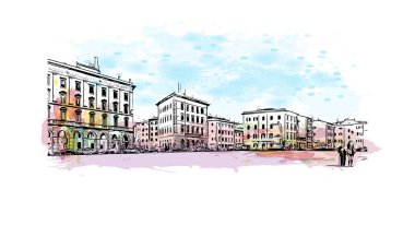 Print Building view with landmark of Livorno is the city in Italy. Vektörde elle çizilmiş resim ile suluboya sıçraması.