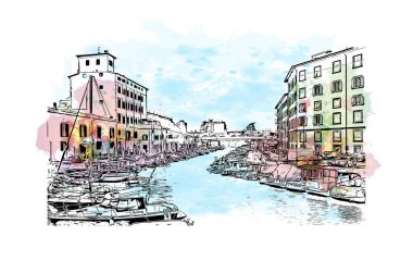 Print Building view with landmark of Livorno is the city in Italy. Vektörde elle çizilmiş resim ile suluboya sıçraması.