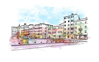 Print Building view with landmark of Livorno is the city in Italy. Vektörde elle çizilmiş resim ile suluboya sıçraması.