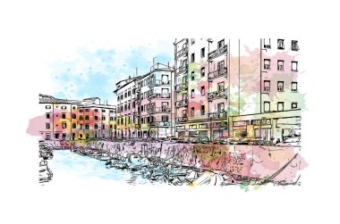 Print Building view with landmark of Livorno is the city in Italy. Vektörde elle çizilmiş resim ile suluboya sıçraması.