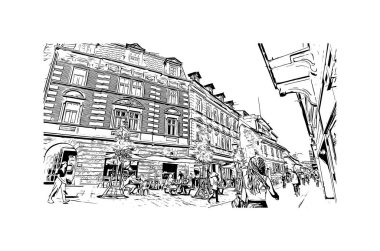 Slovenya 'nın başkenti Ljubljana' nın simgesi olan Print Building view 'dir. Vektörde elle çizilmiş çizim çizimi.