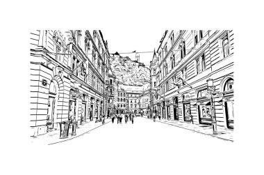 Slovenya 'nın başkenti Ljubljana' nın simgesi olan Print Building view 'dir. Vektörde elle çizilmiş çizim çizimi.
