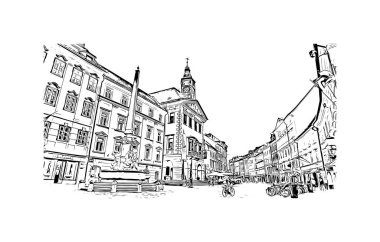Slovenya 'nın başkenti Ljubljana' nın simgesi olan Print Building view 'dir. Vektörde elle çizilmiş çizim çizimi.