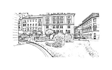 Slovenya 'nın başkenti Ljubljana' nın simgesi olan Print Building view 'dir. Vektörde elle çizilmiş çizim çizimi.