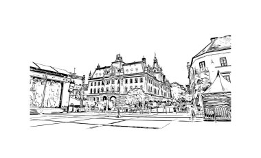 Slovenya 'nın başkenti Ljubljana' nın simgesi olan Print Building view 'dir. Vektörde elle çizilmiş çizim çizimi.