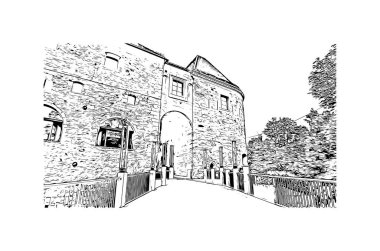 Slovenya 'nın başkenti Ljubljana' nın simgesi olan Print Building view 'dir. Vektörde elle çizilmiş çizim çizimi.