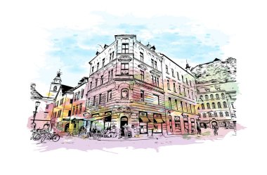Slovenya 'nın başkenti Ljubljana' nın simgesi olan Print Building view 'dir. Vektör içinde el çizimi çizimi eşkali ile suluboya sıçraması.