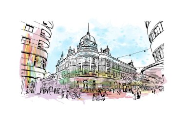 Slovenya 'nın başkenti Ljubljana' nın simgesi olan Print Building view 'dir. Vektör içinde el çizimi çizimi eşkali ile suluboya sıçraması.