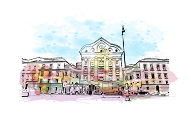 Slovenya 'nın başkenti Ljubljana' nın simgesi olan Print Building view 'dir. Vektör içinde el çizimi çizimi eşkali ile suluboya sıçraması.