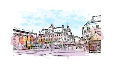Slovenya 'nın başkenti Ljubljana' nın simgesi olan Print Building view 'dir. Vektör içinde el çizimi çizimi eşkali ile suluboya sıçraması.