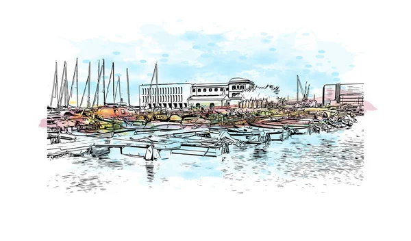 Print Building view with landmark of Livorno is the city in Italy. Vektörde elle çizilmiş resim ile suluboya sıçraması.