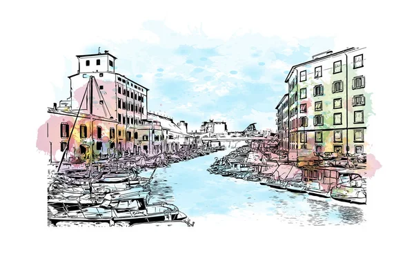 Print Building View Landmark Livorno City Italy Watercolor Splash Hand — 图库矢量图片